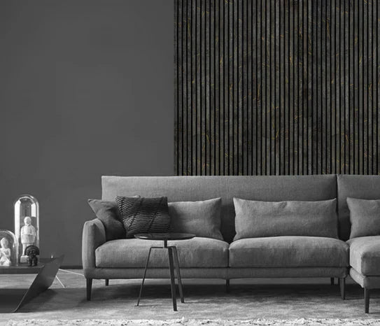 Pannello acustico a doghe da parete 240 cm x 60 cm in marmo nero e oro 