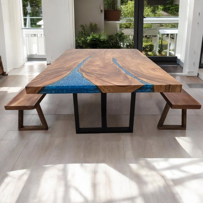 Tavolo da pranzo in noce indiano orientale con bordo vivo in resina blu 210 cm x 145 cm
